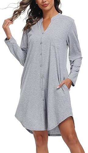 Vlazom Damen V-Ausschnitt Nachthemd Langarm Baumwoll Schlafhemd Winter Schlafkleid mit Knöpfe und Seitentaschen（XL,Hellgrau） von Vlazom