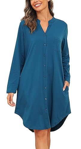 Vlazom Damen V-Ausschnitt Nachthemd Langarm Baumwoll Schlafhemd Winter Schlafkleid mit Knöpfe und Seitentaschen（XXL,Kobaltblau） von Vlazom