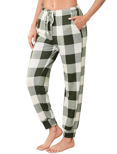 Vlazom Damen karierte Schlafanzughose Fleece Schlafhosen lang mit Bündchen Winter Freizethose（L，C Stil-Hellgrün） von Vlazom