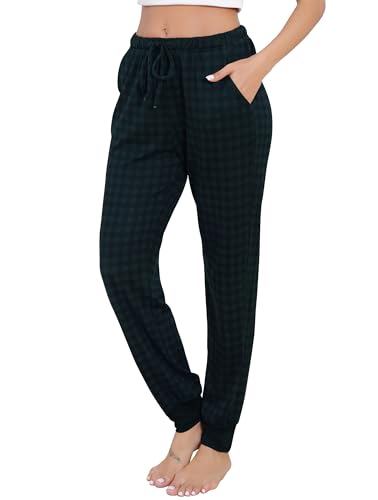 Vlazom Damen karierte Schlafanzughose Fleece Schlafhosen lang mit Bündchen Winter Freizethose（M，C Stil-Dunkelgrün） von Vlazom