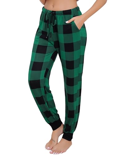 Vlazom Damen karierte Schlafanzughose Fleece Schlafhosen lang mit Bündchen Winter Freizethose（M，C Stil-Grün） von Vlazom