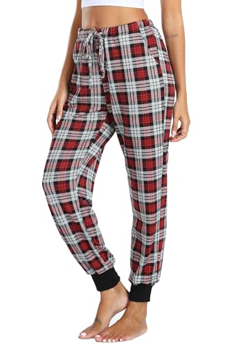 Vlazom Damen karierte Schlafanzughose Fleece Schlafhosen lang mit Bündchen Winter Freizethose（M,C Stil-Schwarz） von Vlazom