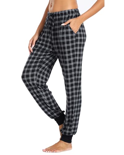 Vlazom Damen karierte Schlafanzughose Fleece Schlafhosen lang mit Bündchen Winter Freizethose（M,D Stil-Grau） von Vlazom