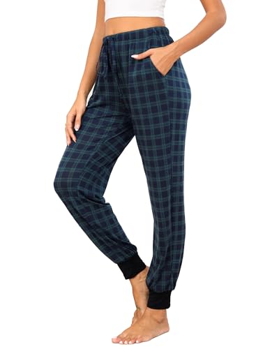 Vlazom Damen karierte Schlafanzughose Fleece Schlafhosen lang mit Bündchen Winter Freizethose（M,D Stil-Grün） von Vlazom