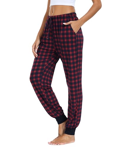 Vlazom Damen karierte Schlafanzughose Fleece Schlafhosen lang mit Bündchen Winter Freizethose（M,D Stil-Rot） von Vlazom