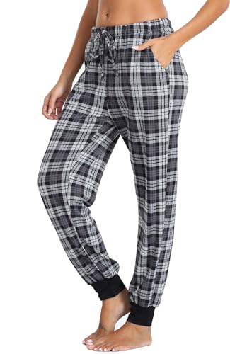 Vlazom Damen karierte Schlafanzughose Fleece Schlafhosen lang mit Bündchen Winter Freizethose（XXL,C Stil-Grau） von Vlazom