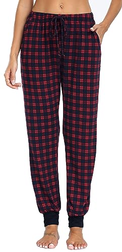 Vlazom Damen karierte Schlafanzughose Fleece Schlafhosen lang mit Bündchen Winter Freizethose（XXL,D Stil-Rot） von Vlazom