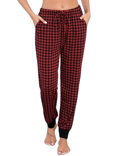 Vlazom Damen Schlafanzughose Karierte Pyjamahose mit Bündchen Winter Freizethose Jogginghose Sporthose（XXL，D Stil-Rot-Schwarzes Karo） von Vlazom
