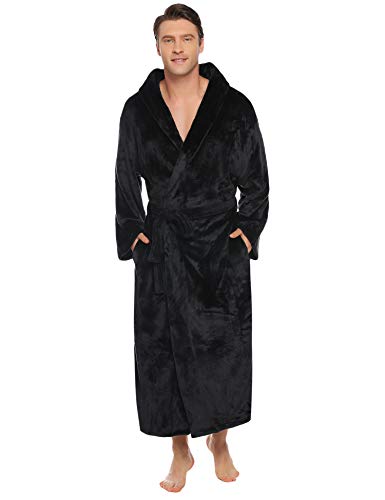 Vlazom Herren Bademantel Flanell Morgenmantel Weicher Unisex Bademantel Winter Morgenmantel mit Kapuze und Gürtel(S,A-Schwarz) von Vlazom