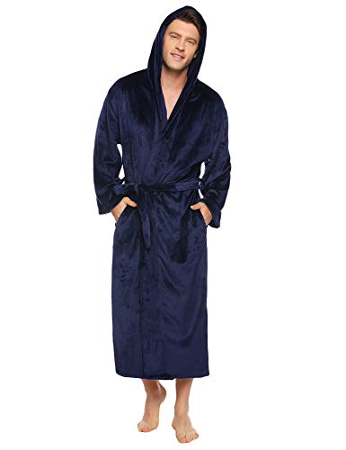 Vlazom Herren Bademantel Flanell Morgenmantel Weicher Unisex Bademantel Winter Morgenmantel mit Kapuze und Gürtel(XL,Navy) von Vlazom