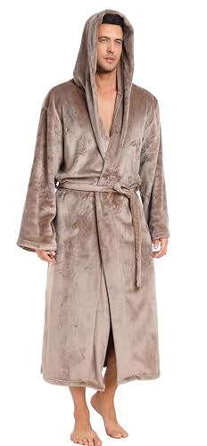 Vlazom Herren Bademantel Flanell Morgenmantel Weicher Unisex Herren Damen Bademantel Morgenmantel mit Kapuze und Gürtel（3XL，Khaki） von Vlazom