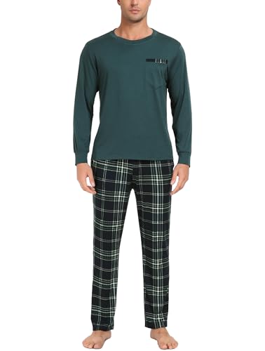 Vlazom Herren Pyjama Set Lang Zweiteiliger Schlafanzug Herren Kariert Flanell Hose und einfärbiger T-Shirt（L,Stil D-Dunkel Grün） von Vlazom