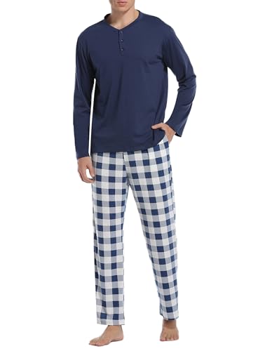 Vlazom Herren Pyjama Set Lang Zweiteiliger Schlafanzug Herren Kariert Flanell Hose und einfärbiger T-Shirt(M,Stil A-Marineblau Top+Blau Karierte Hose) von Vlazom