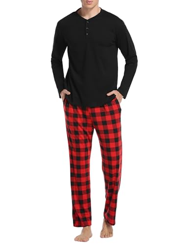 Vlazom Herren Pyjama Set Lang Zweiteiliger Schlafanzug Herren Kariert Flanell Hose und einfärbiger T-Shirt(M,Stil A-Schwarz Top+Rot Karierte Hose) von Vlazom