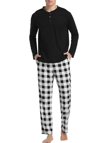 Vlazom Herren Pyjama Set Lang Zweiteiliger Schlafanzug Herren Kariert Flanell Hose und einfärbiger T-Shirt(M,Stil A-Schwarz Top+Schwarz Karierte Hose) von Vlazom