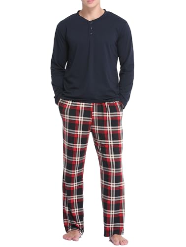Vlazom Herren Pyjama Set Lang Zweiteiliger Schlafanzug Herren Kariert Flanell Hose und einfärbiger T-Shirt(M,Stil B-Dunkelblau Top+Rot Karierte Hose) von Vlazom