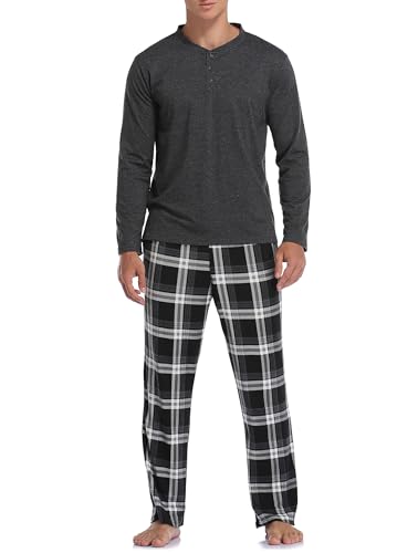 Vlazom Herren Pyjama Set Lang Zweiteiliger Schlafanzug Herren Kariert Flanell Hose und einfärbiger T-Shirt(M,Stil B-Dunkelgrau Top+Schwarz Karierte Hose) von Vlazom