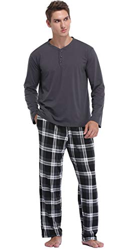 Vlazom Herren Pyjama Set Lang Zweiteiliger Schlafanzug Herren Kariert Flanell Hose und einfärbiger T-Shirt(M,Stil B-Metallisch Grau Top+Schwarz Karierte Hose) von Vlazom