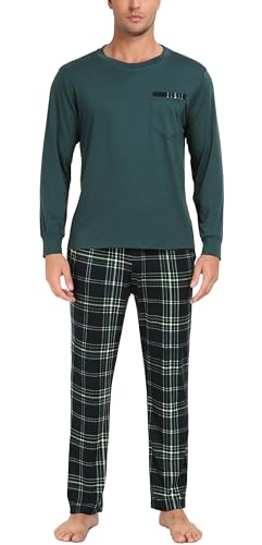 Vlazom Herren Pyjama Set Lang Zweiteiliger Schlafanzug Herren Kariert Flanell Hose und einfärbiger T-Shirt（M,Stil D-Dunkel Grün） von Vlazom