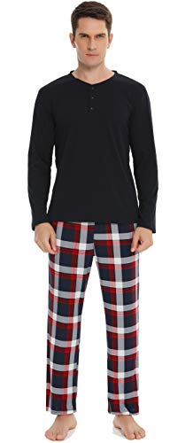 Vlazom Herren Pyjama Set Lang Zweiteiliger Schlafanzug Herren Kariert Flanell Hose und einfärbiger T-Shirt(S,Stil B-Dunkelblau Top+Dunkelblau Karierte Hose) von Vlazom