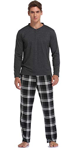 Vlazom Herren Pyjama Set Lang Zweiteiliger Schlafanzug Herren Kariert Flanell Hose und einfärbiger T-Shirt(S,Stil B-Dunkelgrau Top+Schwarz Karierte Hose) von Vlazom