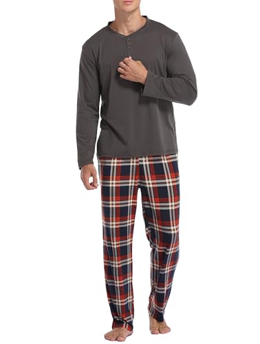 Vlazom Herren Pyjama Set Lang Zweiteiliger Schlafanzug Herren Kariert Flanell Hose und einfärbiger T-Shirt(S,Stil B-Hellbraun Top+Dunkelblau Karierte Hose) von Vlazom