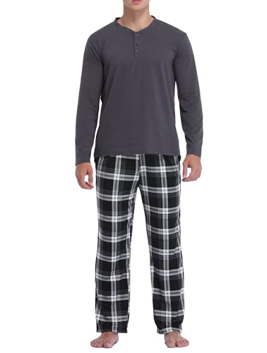 Vlazom Herren Pyjama Set Lang Zweiteiliger Schlafanzug Herren Kariert Flanell Hose und einfärbiger T-Shirt(S,Stil B-Metallisch Grau Top+Schwarz Karierte Hose) von Vlazom