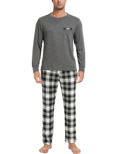 Vlazom Herren Pyjama Set Lang Zweiteiliger Schlafanzug Herren Kariert Flanell Hose und einfärbiger T-Shirt（S,Stil D-Dunkel geblümtes Grau） von Vlazom