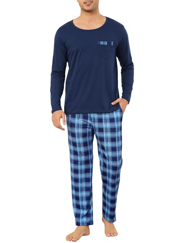Vlazom Herren Pyjama Set Lang Zweiteiliger Schlafanzug Herren Kariert Flanell Hose und einfärbiger T-Shirt（S，Stil D-Dunkelblau） von Vlazom