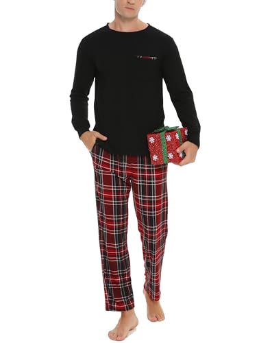 Vlazom Herren Pyjama Set Lang Zweiteiliger Schlafanzug Herren Kariert Flanell Hose und einfärbiger T-Shirt（S,Stil D-Schwarz） von Vlazom