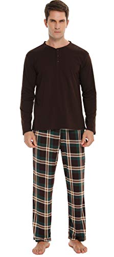 Vlazom Herren Pyjama Set Lang Zweiteiliger Schlafanzug Herren Kariert Flanell Hose und einfärbiger T-Shirt(XL,Stil B-Dunkelbraun Top+Braun Karierte Hose) von Vlazom