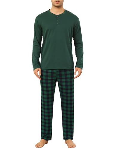 Vlazom Herren Pyjama Set Lang Zweiteiliger Schlafanzug Herren Kariert Flanell Hose und einfärbiger T-Shirt（XL，Stil B-Grün Top + Grün Karierte Hose） von Vlazom