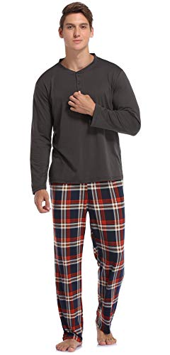 Vlazom Herren Pyjama Set Lang Zweiteiliger Schlafanzug Herren Kariert Flanell Hose und einfärbiger T-Shirt(XL,Stil B-Hellbraun Top+Dunkelblau Karierte Hose) von Vlazom