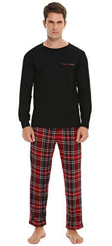 Vlazom Herren Pyjama Set Lang Zweiteiliger Schlafanzug Herren Kariert Flanell Hose und einfärbiger T-Shirt（XL,Stil D-Schwarz） von Vlazom