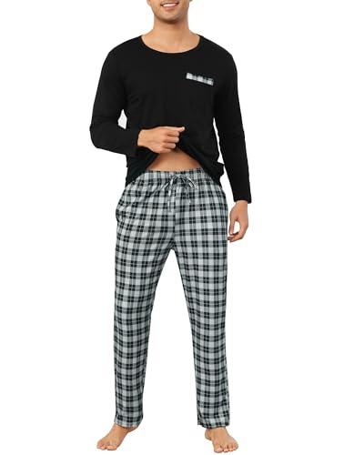 Vlazom Herren Pyjama Set Lang Zweiteiliger Schlafanzug Herren Kariert Flanell Hose und einfärbiger T-Shirt（XL，Stil D-Schwarz Top + Schwarzgraue Hose） von Vlazom