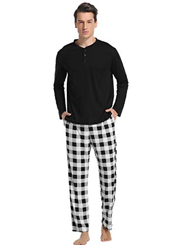 Vlazom Herren Pyjama Set Lang Zweiteiliger Schlafanzug Herren Kariert Flanell Hose und einfärbiger T-Shirt(XXL,Stil A-Schwarz Top+Schwarz Karierte Hose) von Vlazom