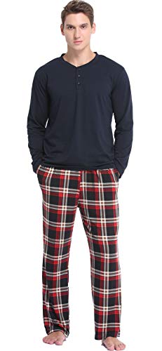 Vlazom Herren Pyjama Set Lang Zweiteiliger Schlafanzug Herren Kariert Flanell Hose und einfärbiger T-Shirt(XXL,Stil B-Dunkelblau Top+Rot Karierte Hose) von Vlazom