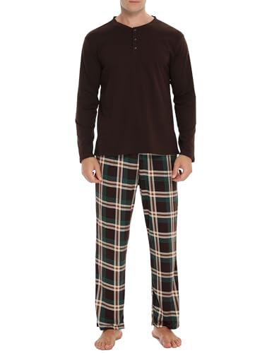 Vlazom Herren Pyjama Set Lang Zweiteiliger Schlafanzug Herren Kariert Flanell Hose und einfärbiger T-Shirt(XXL,Stil B-Dunkelbraun Top+Braun Karierte Hose) von Vlazom