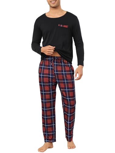 Vlazom Herren Pyjama Set Lang Zweiteiliger Schlafanzug Herren Kariert Flanell Hose und einfärbiger T-Shirt（XXL，Stil D-Marineblau） von Vlazom