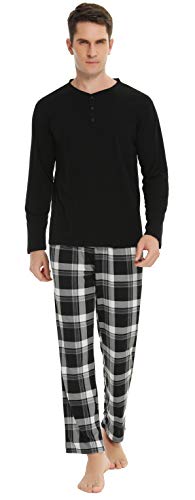 Vlazom Herren Pyjama Set Lang Zweiteiliger Schlafanzug Herren Kariert Flanell Hose und einfärbiger T-Shirt(XXL,Stil B-schwarz Top+schwarz Karierte Hose) von Vlazom