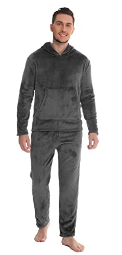 Vlazom Herren Schlafanzug Flanell Hausanzug Winter Pyjama Set Lang Zweiteiliger Schlafanzug mit Kapuze（L,Grau von Vlazom