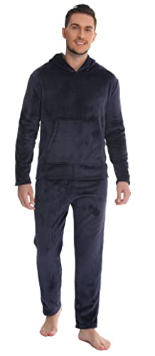 Vlazom Herren Schlafanzug Flanell Hausanzug Winter Pyjama Set Lang Zweiteiliger Schlafanzug mit Kapuze（L,Marineblau von Vlazom