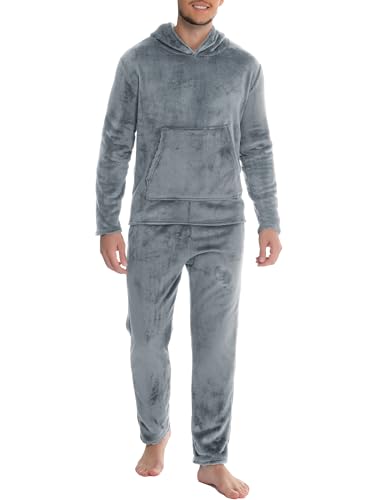 Vlazom Herren Schlafanzug Flanell Hausanzug Winter Pyjama Set Lang Zweiteiliger Schlafanzug mit Kapuze（M，Hellgrau） von Vlazom