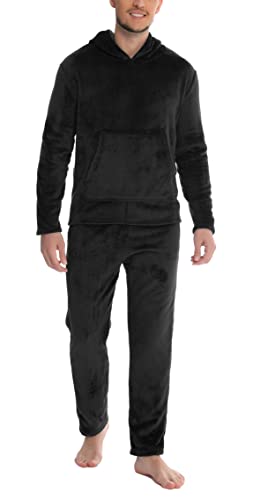 Vlazom Herren Schlafanzug Flanell Hausanzug Winter Pyjama Set Lang Zweiteiliger Schlafanzug mit Kapuze（XXL,Schwarz von Vlazom