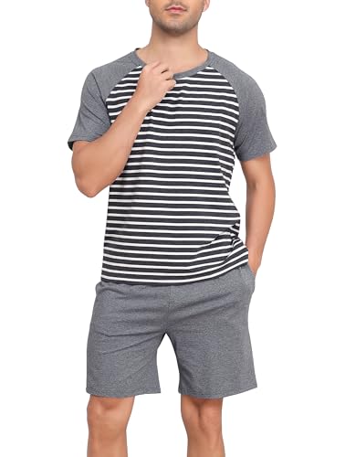 Vlazom Herren Schlafanzug Kurz Baumwolle Gestreiftes Pyjama Set Sommer Zweiteilige Nachtwäsche Loungewear für Männer（L，Dunkelgrau） von Vlazom