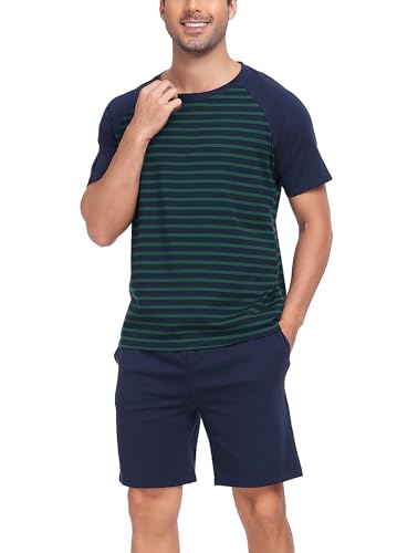 Vlazom Herren Schlafanzug Kurz Baumwolle Gestreiftes Pyjama Set Sommer Zweiteilige Nachtwäsche Loungewear für Männer（L，Dunkelgrün） von Vlazom