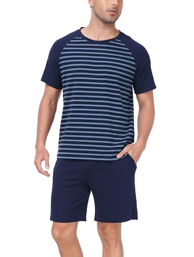 Vlazom Herren Schlafanzug Kurz Baumwolle Gestreiftes Pyjama Set Sommer Zweiteilige Nachtwäsche Loungewear für Männer（L，Kobaltblau） von Vlazom