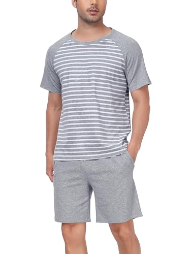 Vlazom Herren Schlafanzug Kurz Baumwolle Gestreiftes Pyjama Set Sommer Zweiteilige Nachtwäsche Loungewear für Männer（S，Grau） von Vlazom