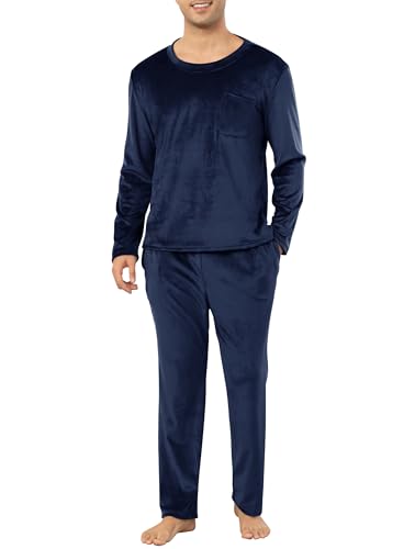 Vlazom Herren Schlafanzug Lang Flanell Pyjama Set Winter Wärmer Fleece Hausanzug Zweiteiliger Schlafanzug（L，Marineblau） von Vlazom