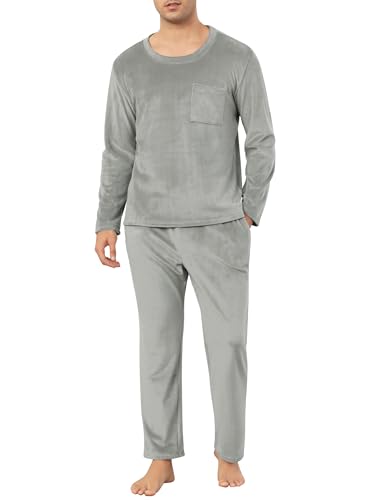 Vlazom Herren Schlafanzug Lang Flanell Pyjama Set Winter Wärmer Fleece Hausanzug Zweiteiliger Schlafanzug（S，Hellgrau） von Vlazom